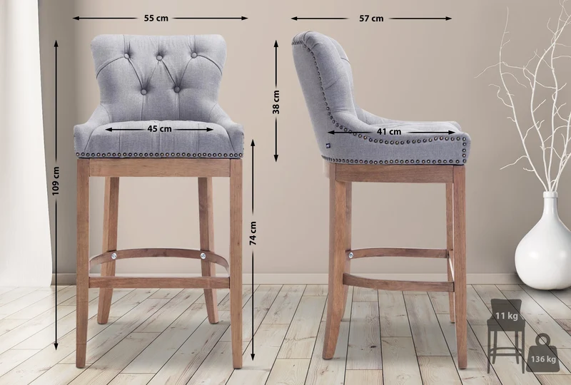 Tabouret de bar x1 avec assise en tissu gris clair capitonné et cadre en bois clair 10_0005063