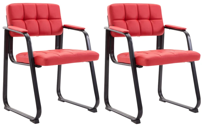 Lot de 2 chaises de bureau visiteur avec accoudoirs siège en PVC rouge et cadre en métal noir 10_0003110