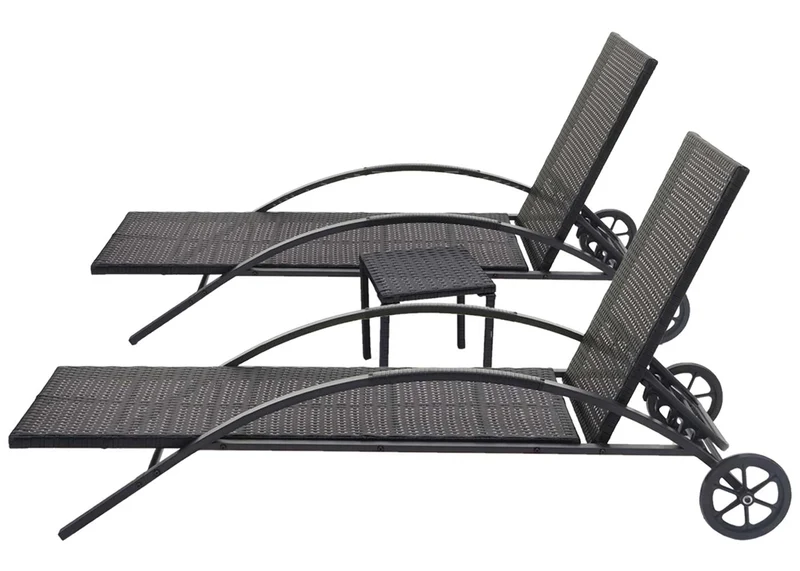 Ensemble de 2 chaises longues de jardin transat bain de soleil avec petite table en polyrotin noir coussins beige 04_0002961