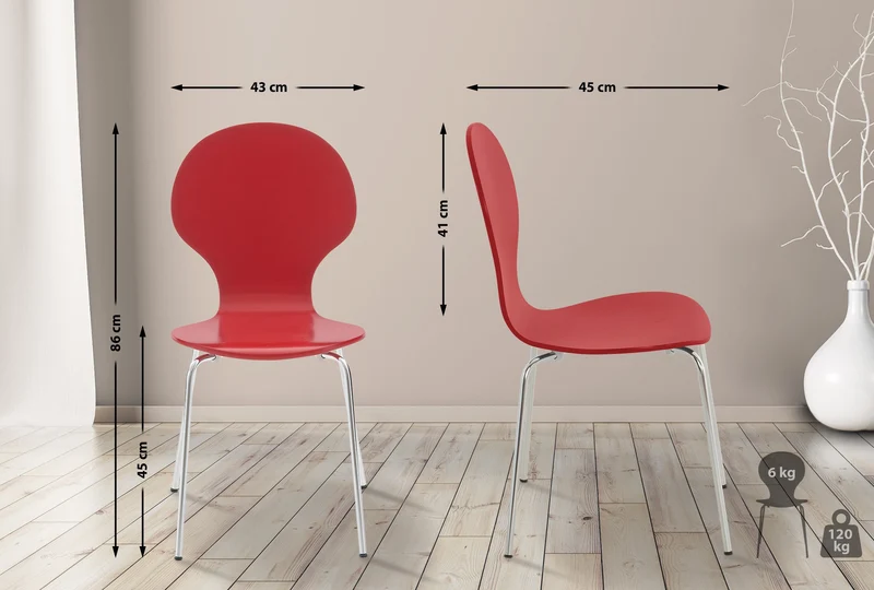 Lot de 4 chaises de cuisine salle à manger empilables dossier arrondi en bois rouge et métal chromé 10_0003174