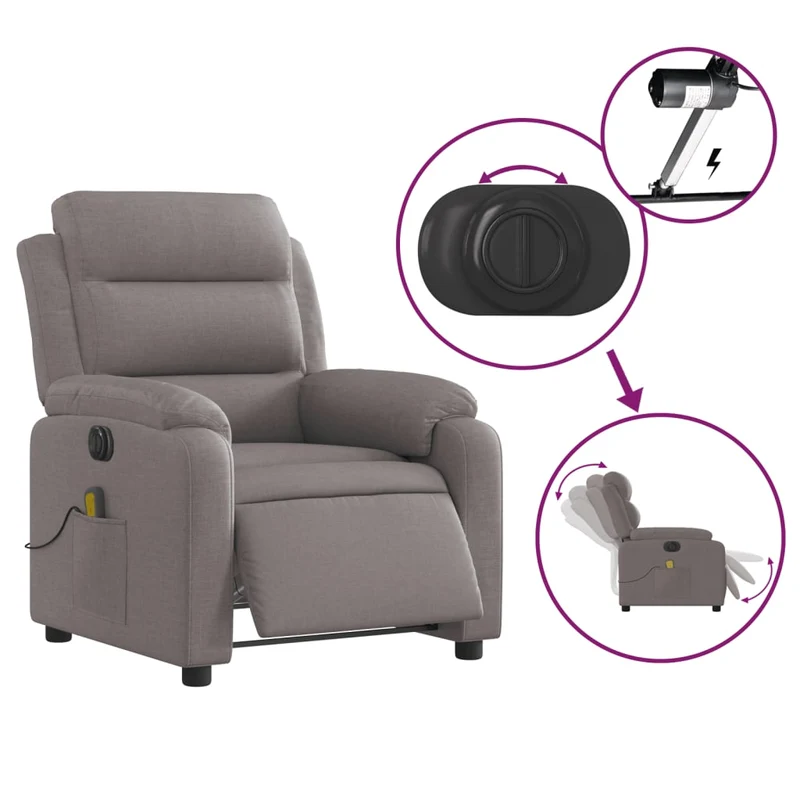 Fauteuil de relaxation TV fonction massage inclinable électrique en tissu taupe DEC027266