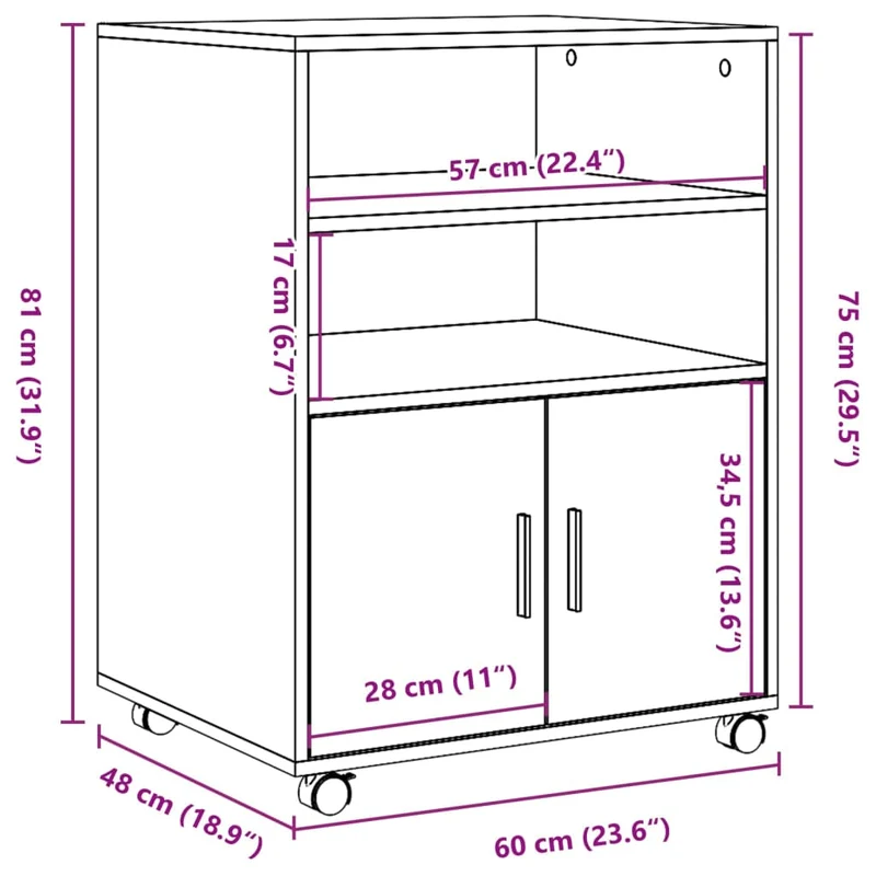 Meuble de bureau sur roulettes armoire de rangement bureau 60 x 48 x 81 cm bois d'ingénierie gris DEC024497