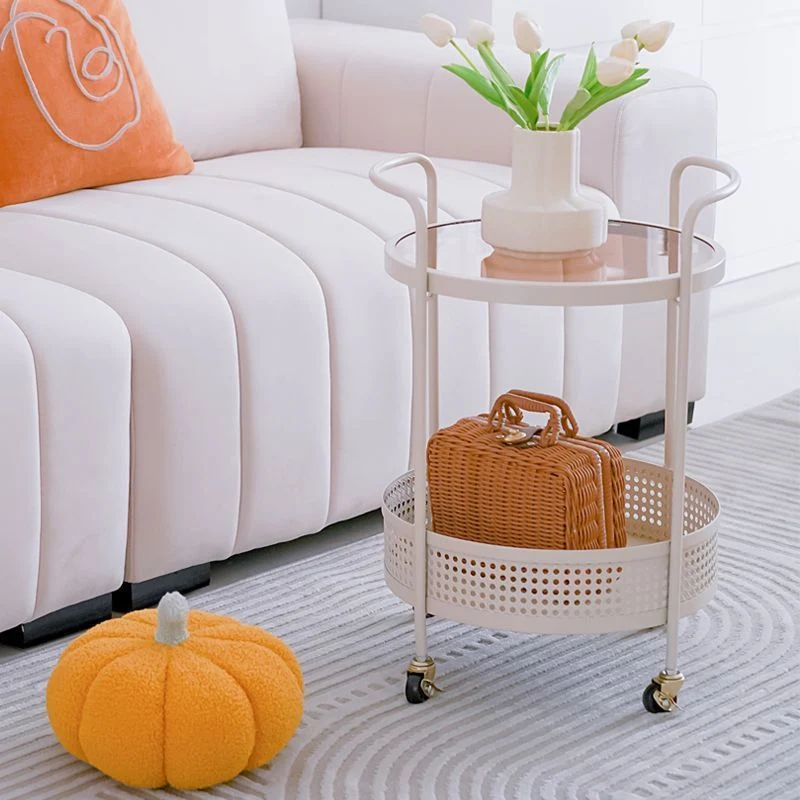 Contemporary Simplicity Round Glass Top Iron Storage Basket End Table Casters 2-Tier For Living Room