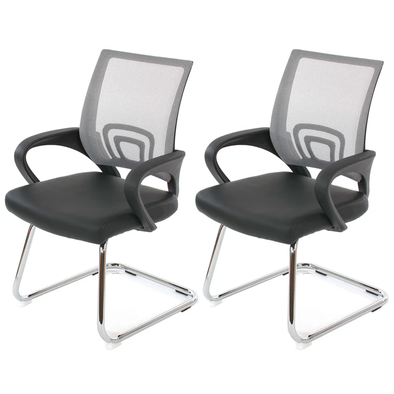 2x fauteuils chaises de bureau sans roulettes chaise de conférence visiteur en synthétique et maille gris 04_0000179