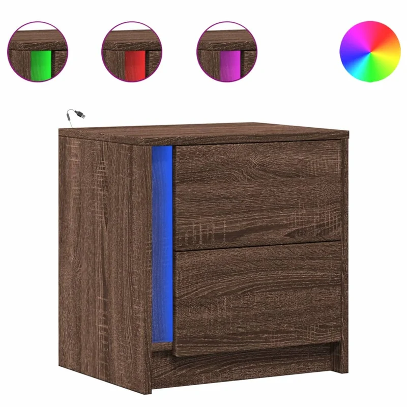 Lot de 2 tables de chevet avec tiroirs et LED 43 x 34 x 45 cm en bois d'ingénierie marron DEC032847
