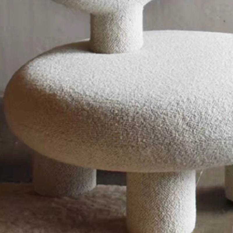Contemporary Nordic Round Sherpa Fabric Upholstered Pine Wood Low Stool Y-Shaped Back For Living Room