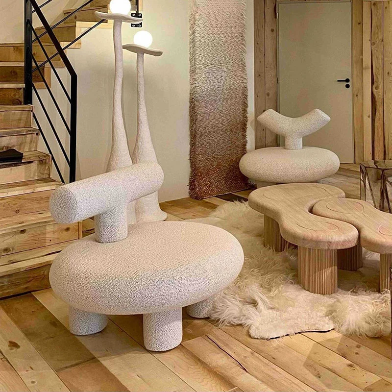 Contemporary Nordic Round Sherpa Fabric Upholstered Pine Wood Low Stool Y-Shaped Back For Living Room