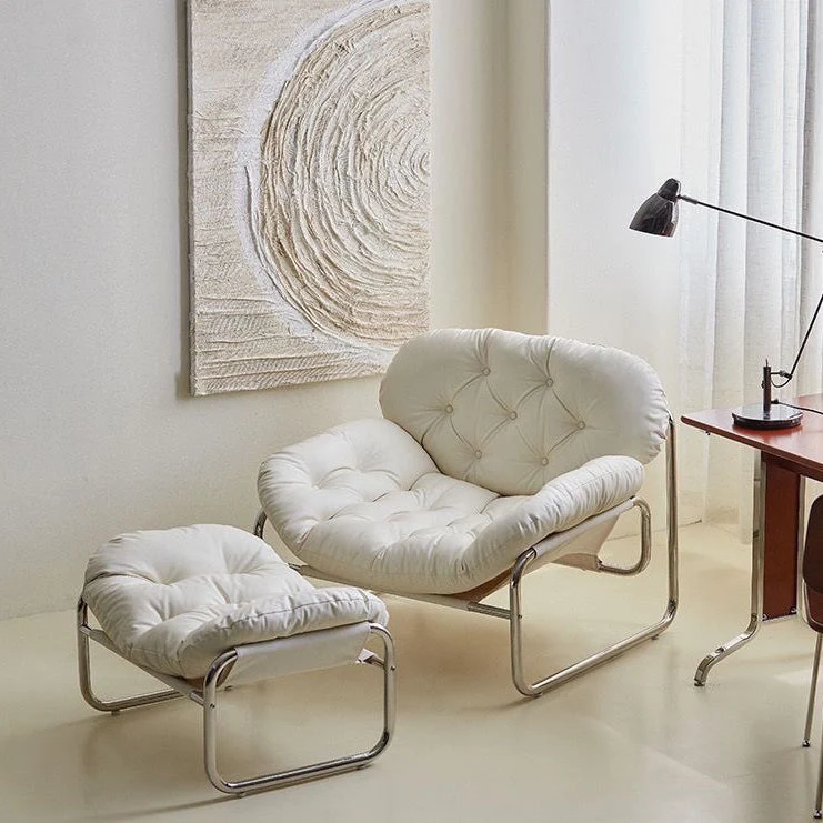 Contemporary Retro Faux Leather Fabric Stainless Steel Rectangular Cloud Accent Chair Backrest Adjustable Footrest For Living Room