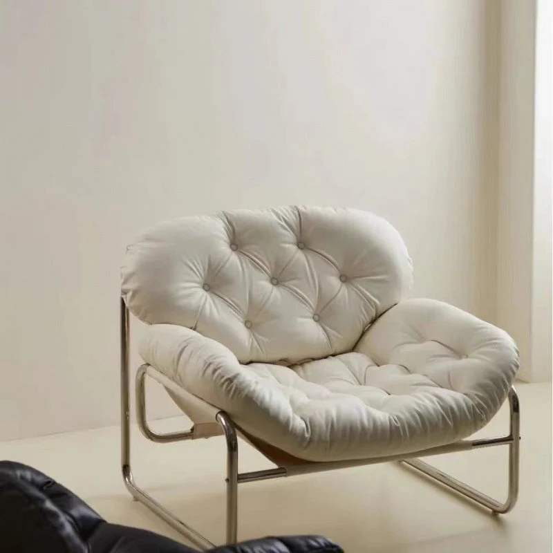 Contemporary Retro Faux Leather Fabric Stainless Steel Rectangular Cloud Accent Chair Backrest Adjustable Footrest For Living Room