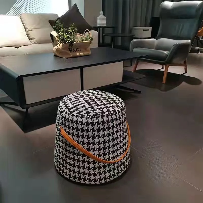 Contemporary Nordic Fabric Velvet Wood Sponge Round Cylinder Footstool Portable For Entryways
