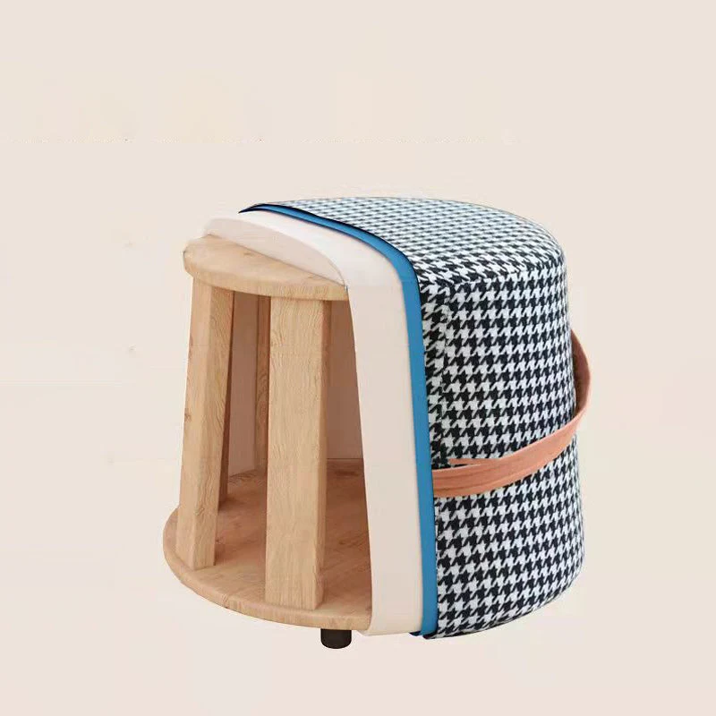Contemporary Nordic Fabric Velvet Wood Sponge Round Cylinder Footstool Portable For Entryways