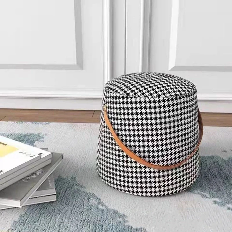 Contemporary Nordic Fabric Velvet Wood Sponge Round Cylinder Footstool Portable For Entryways