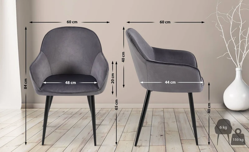 Chaise de salle à manger x1 moderne et confortable en velours gris foncé et pieds en métal noir 10_0001996