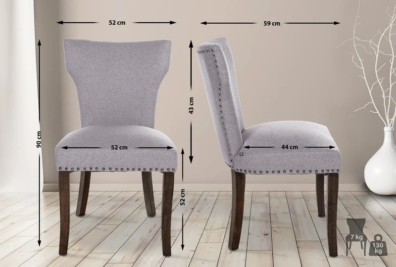 Chaise de salle à manger x1 boutons décoratifs en tissu gris et pieds en bois marron foncé 10_0002169