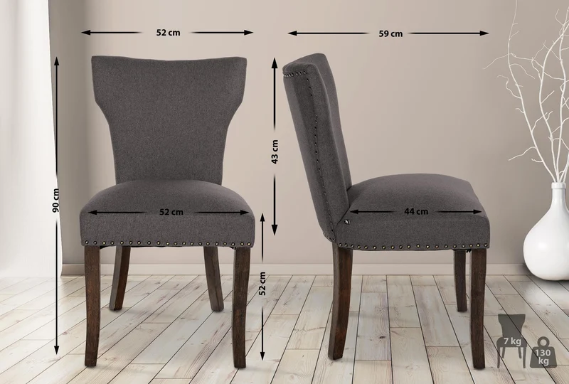 Chaise de salle à manger x1 boutons décoratifs en tissu gris foncé et pieds en bois marron foncé 10_0002168