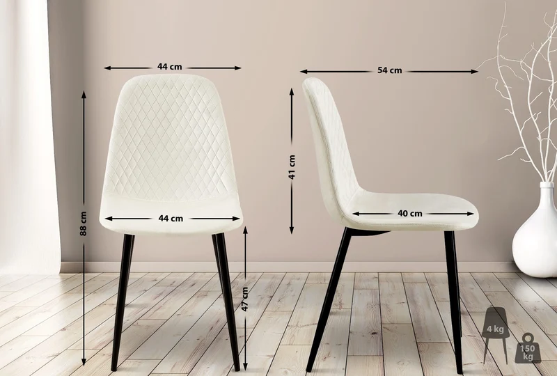 Chaise de salle à manger x1 couture en losange en velours blanc et métal noir 10_0002251