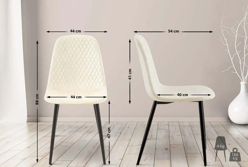Chaise de salle à manger x1 couture en losange en velours crème et métal noir 10_0002250
