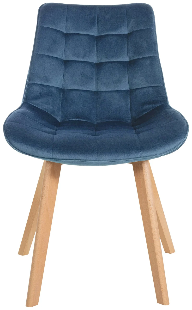 Chaise de salle à manger x1 design scandinave coutures carrées en velours bleu pieds en bois clair 10_0002185