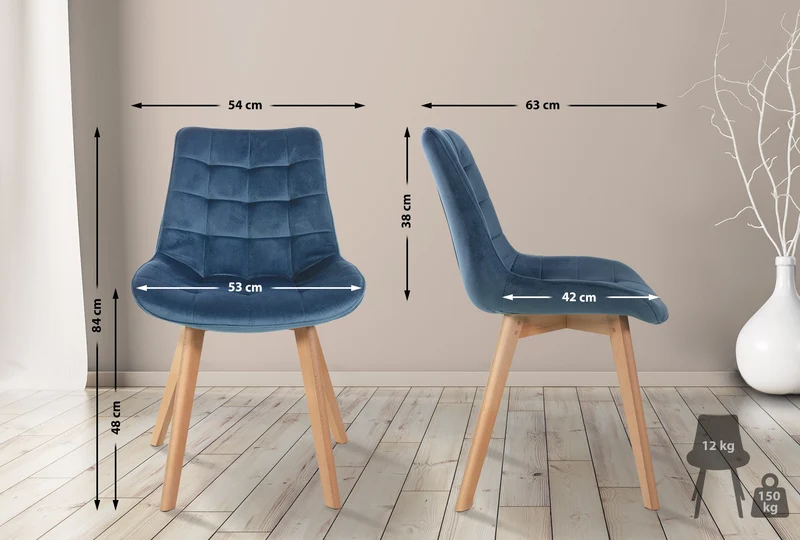 Chaise de salle à manger x1 design scandinave coutures carrées en velours bleu pieds en bois clair 10_0002185