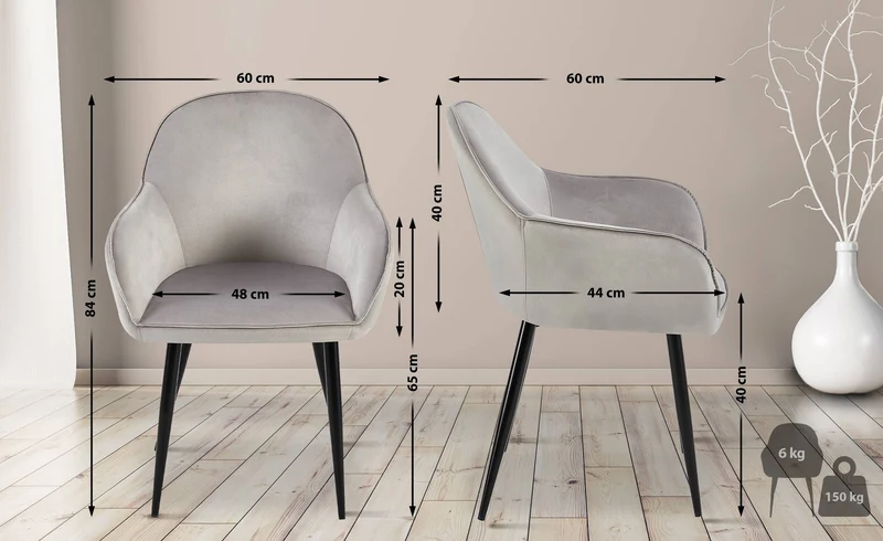 Chaise de salle à manger x1 moderne et confortable en velours gris et pieds en métal noir 10_0001997