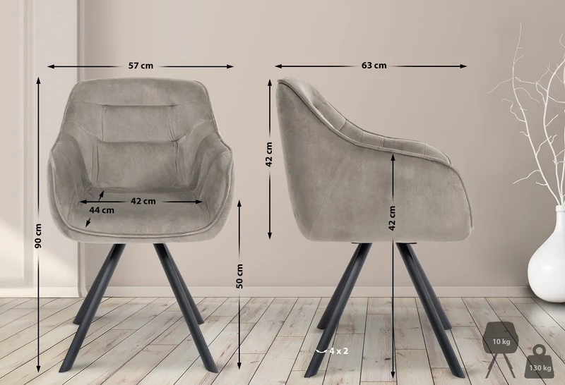 Chaise de salle à manger x1 design moderne confortable en velours gris piétement stable à quatre pieds en métal 10_0002337