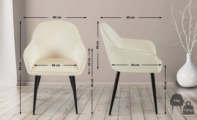 Chaise de salle à manger x1 moderne et confortable en velours crème et pieds en métal noir 10_0001995