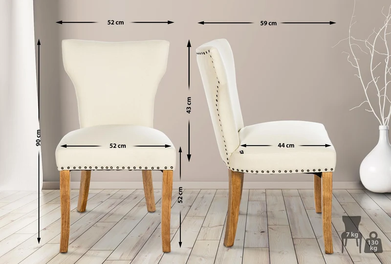 Chaise de salle à manger x1 boutons décoratifs en tissu crème et pieds en bois marron clair 10_0002176