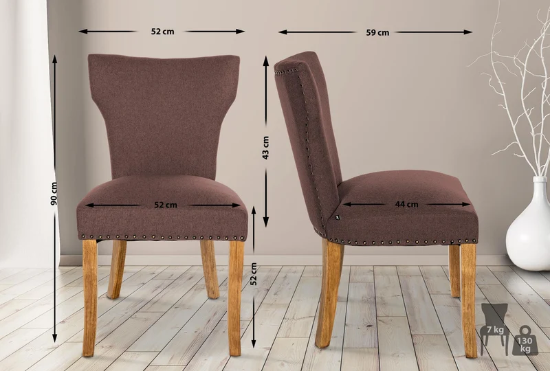 Chaise de salle à manger x1 boutons décoratifs en tissu marron et pieds en bois marron clair 10_0002175