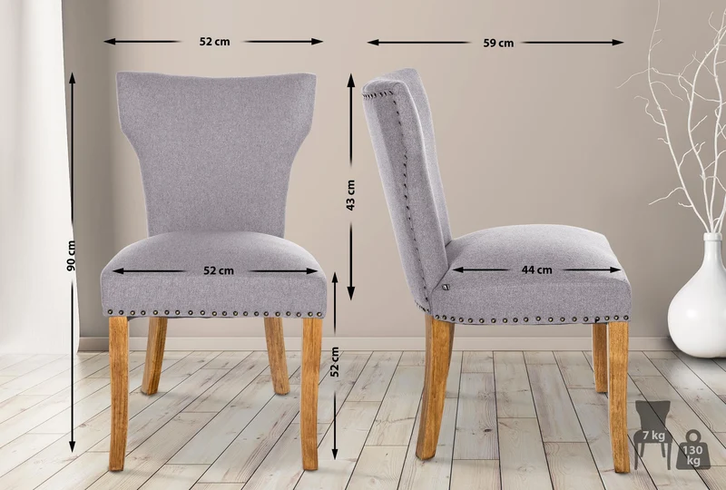 Chaise de salle à manger x1 boutons décoratifs en tissu gris et pieds en bois marron clair 10_0002174