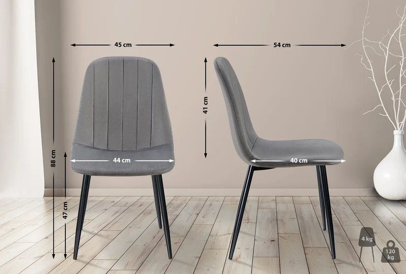 Chaise de salle à manger x1 design moderne coutures verticales velours gris foncé et pieds en métal noir 10_0001985