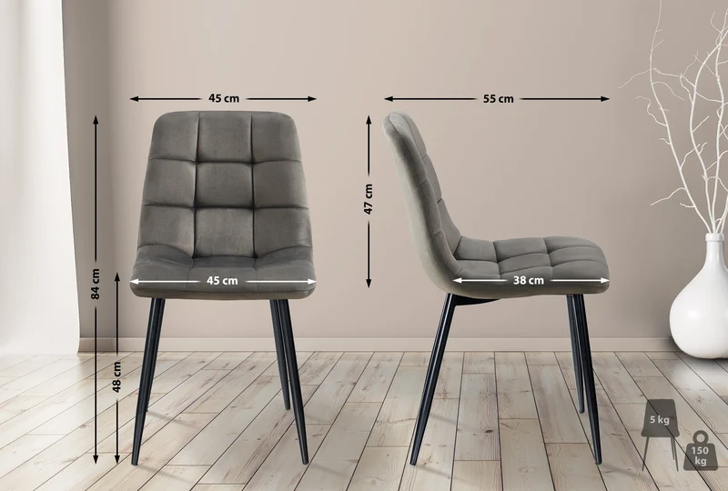 Chaise de salle à manger x1 coutures forme carrées en velours anthracite pieds en métal noir 10_0001969