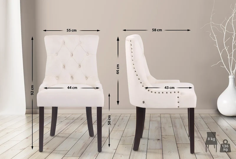 Chaise de salle à manger x1 design antique capitonné en velours crème avec 4 pieds en bois marron 10_0001933