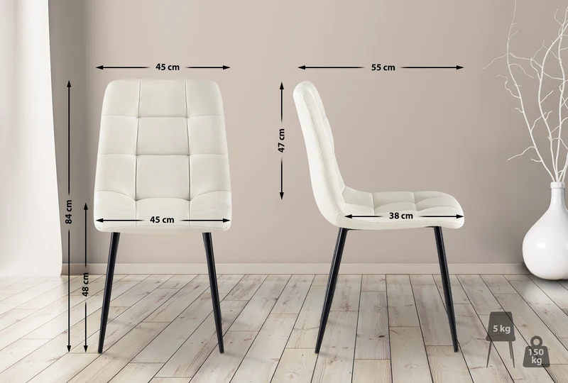 Chaise de salle à manger x1 coutures forme carrées en tissu crème pieds en métal noir 10_0001979