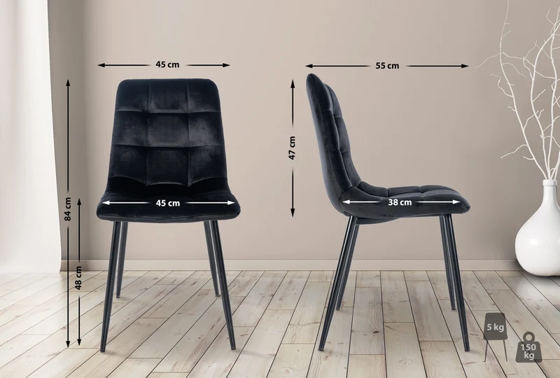 Chaise de salle à manger x1 coutures forme carrées en velours noir pieds en métal noir 10_0001957