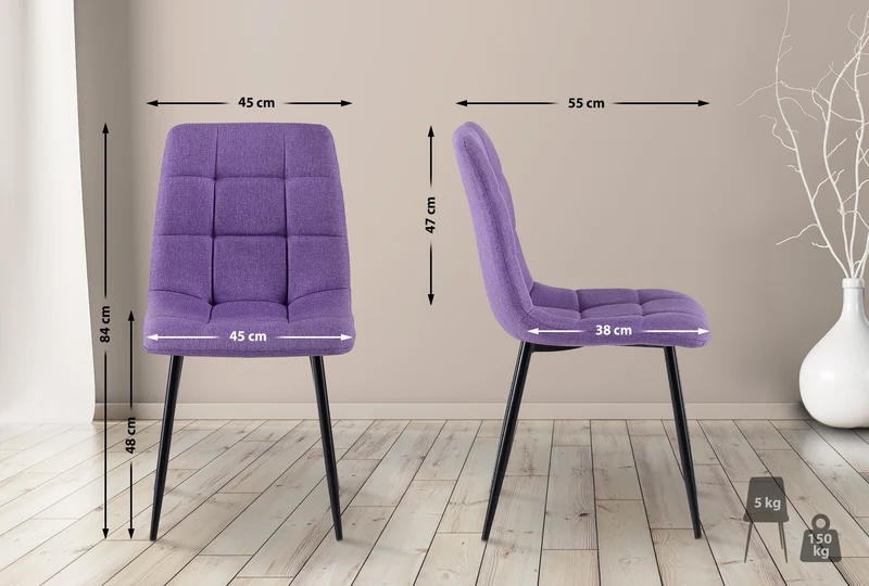 Chaise de salle à manger x1 coutures forme carrées en tissu violet pieds en métal noir 10_0001976