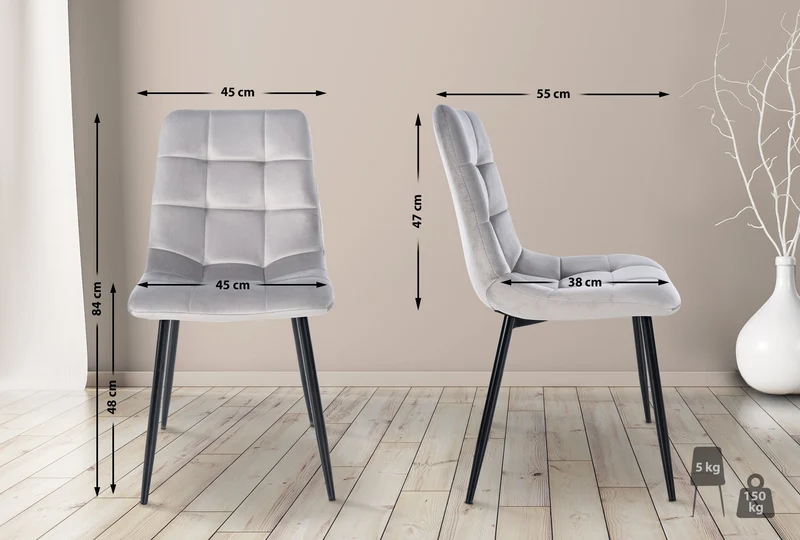 Chaise de salle à manger x1 coutures forme carrées en velours gris pieds en métal noir 10_0001956