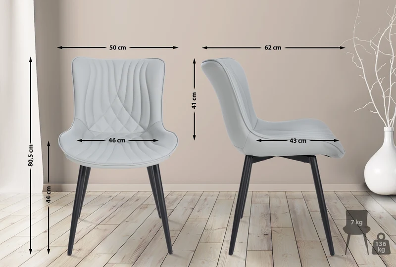Chaise de salle à manger x1 coutures décoratives en PVC gris et pieds en métal noir 10_0002181