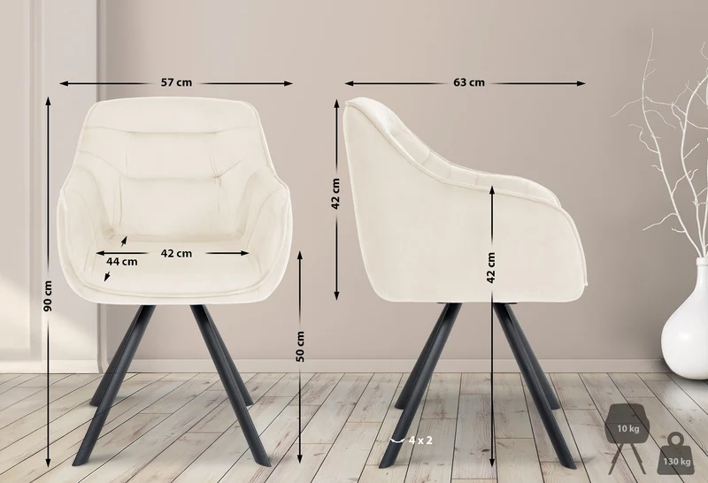 Chaise de salle à manger x1 design moderne confortable en velours crème piétement stable à quatre pieds en métal 10_0002334