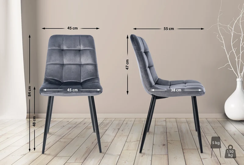 Chaise de salle à manger x1 coutures forme carrées en velours gris foncé pieds en métal noir 10_0001963