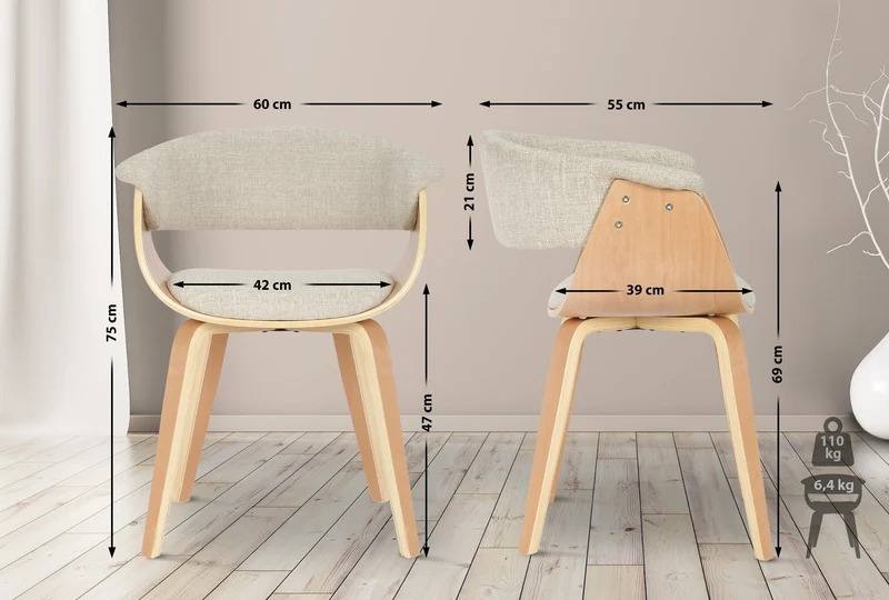 Chaise de bureau salle à manger style scandinave avec revêtement en tissu crème cadre en bois clair 10_0002195