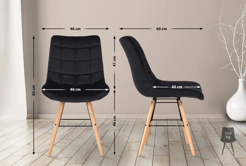 Chaise de salle à manger x1 style scandinave couture carrée en velours noir et pieds en bois 10_0002265