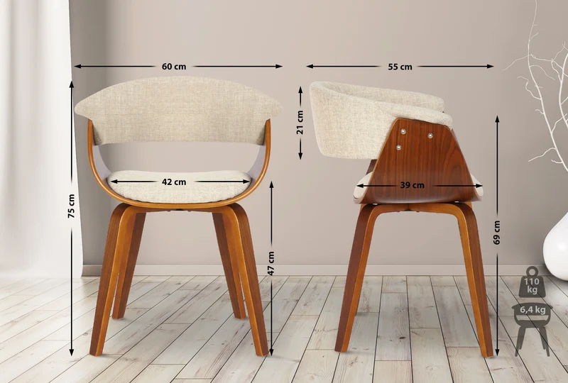 Chaise de bureau salle à manger style scandinave avec revêtement en tissu crème cadre en bois couleur noyer 10_0002197