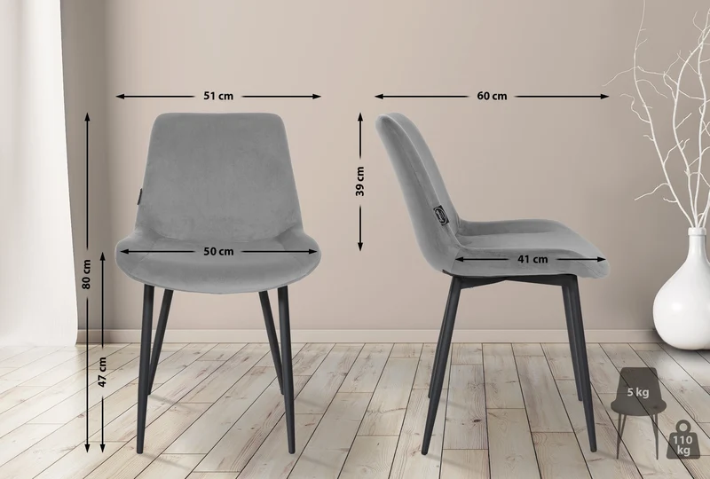 Chaise de salle à manger design moderne assise en velours gris et pieds en métal noir 10_0002156