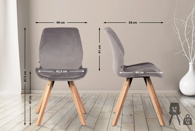 Chaise de salle à manger x1 design scandinave en velours gris et pieds en bois carrés clair 10_0002310