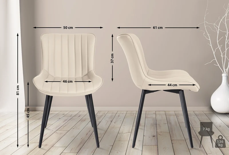 Chaise de salle à manger x1 coutures décoratives verticales avec pieds en métal noir assise en PVC crème 10_0002259