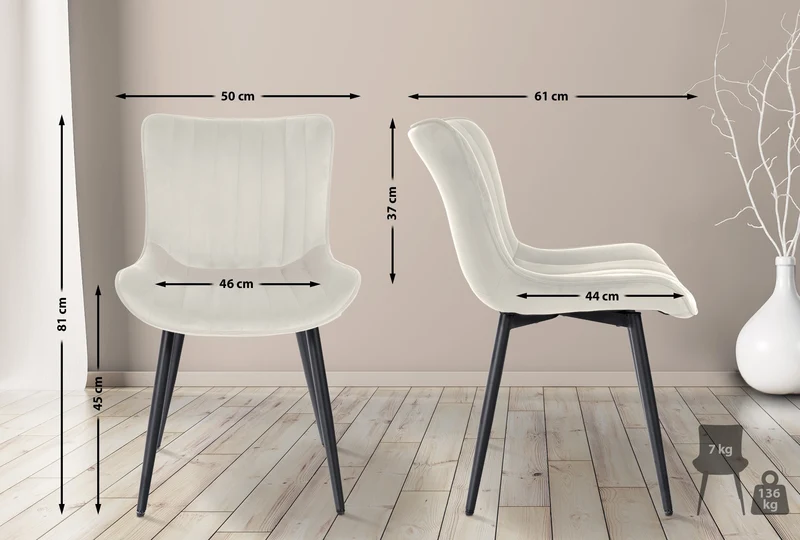 Chaise de salle à manger x1 coutures décoratives verticales avec pieds en métal noir assise en velours crème 10_0002261