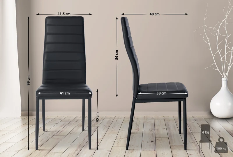 Chaise de salle à manger x1 design simple en PVC noir avec couture décorative cadre en métal noir 10_0002054