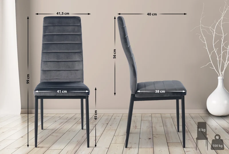 Chaise de salle à manger x1 design simple en velours gris avec couture décorative cadre en métal noir 10_0002057