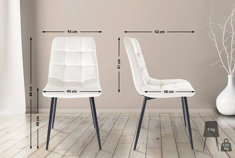Chaise de salle à manger x1 coutures décoratives carrées en tissu velours blanc crème et métal noir 10_0002136