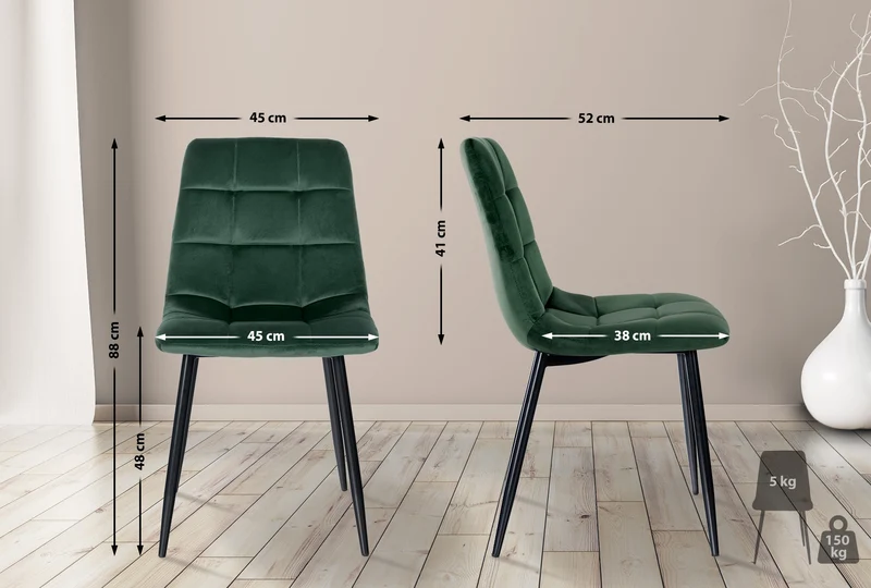 Chaise de salle à manger x1 coutures décoratives carrées en tissu velours vert et métal noir 10_0002129